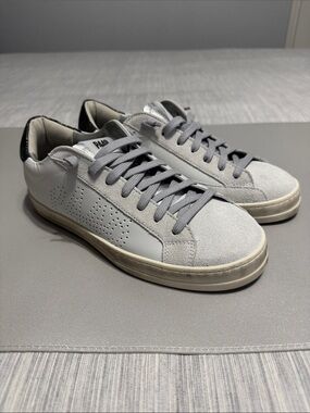 [NWOT] P448 John Low-Top Sneakers White Grey Italian Leather Suede Women Size 38